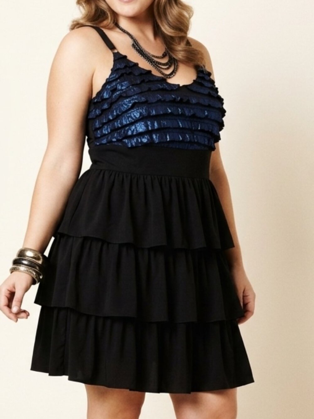 OLD TAG TORRID Plus Size Black Blue Metallic Tiered Ruffle Mini Party Dress Sexy